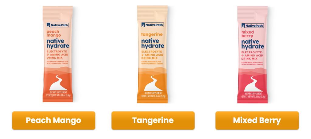 NativePath Native Hydrate flavors: Peach Mango, Tangerine and Mixed Berry