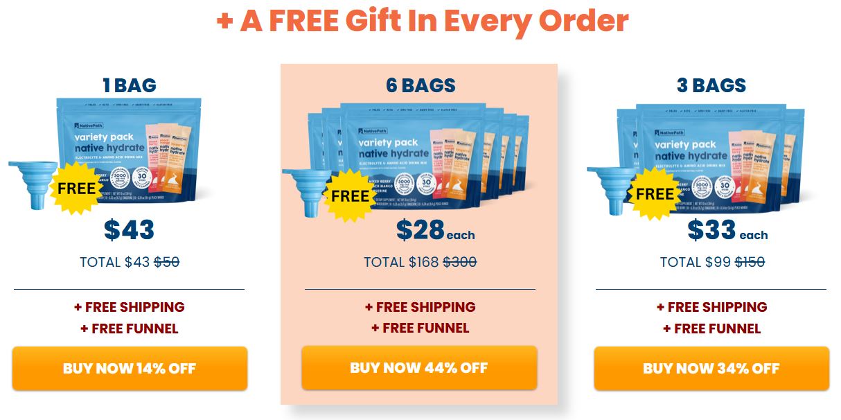 NativePath Native Hydrate pricing for 1, 3 and 6 bags